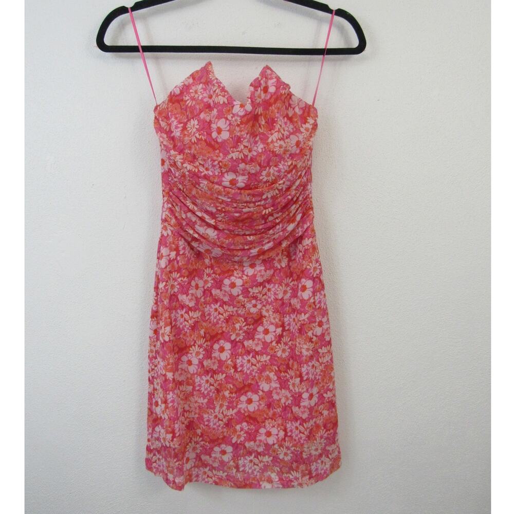Sky To Moon Small Pink Floral Corset Mini Dress Strapless Ruched Mesh Overlay